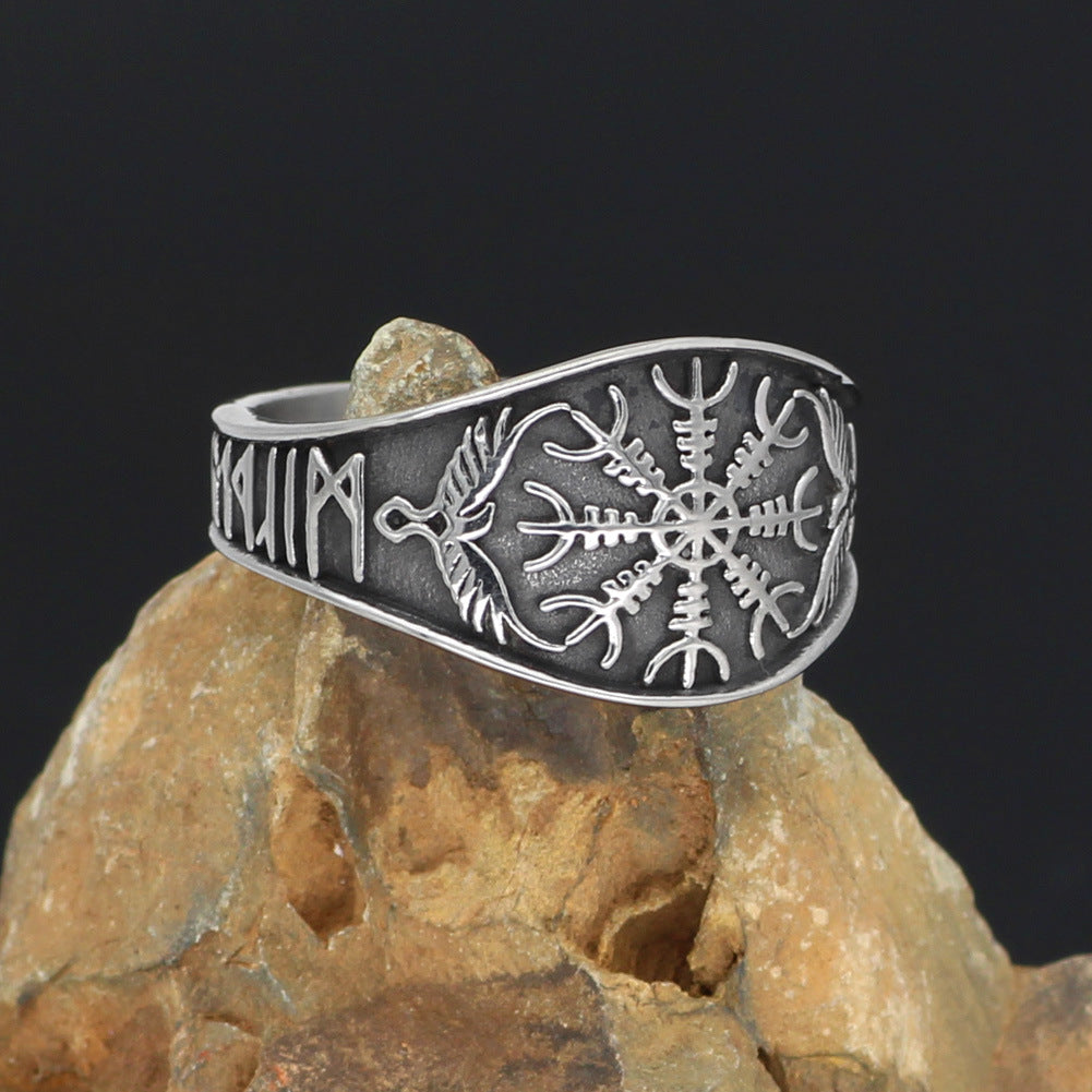 Viking Helm Of Awe Ravens Runes Ring