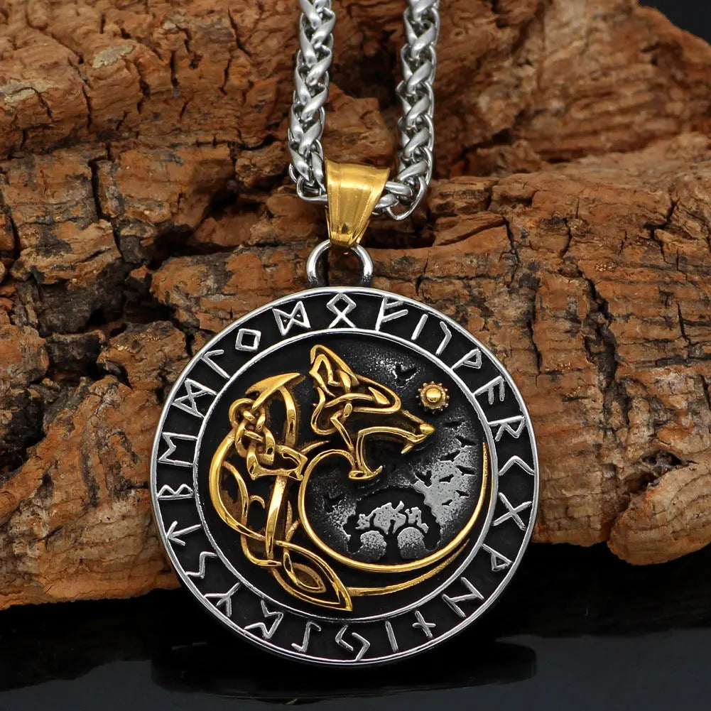 Viking Fenrir Wolf Pendant Necklace with Helm of Awe Symbol GOODBUYVIKING
